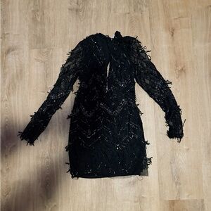 V Neck Black Beaded Dress